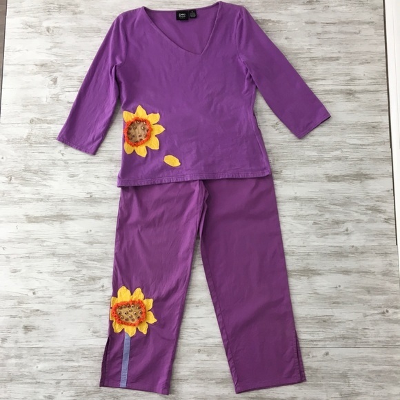 Vintage 90’s Y2K Emma Tricot Sunflower Shirt Pant Set M S Purple Yellow Woman’s - Picture 2 of 12